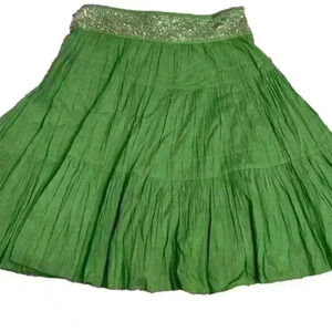BCBGMAXAZRIA Voile Knee Length Skirt High Waist Tiered Sequins Green Size XS